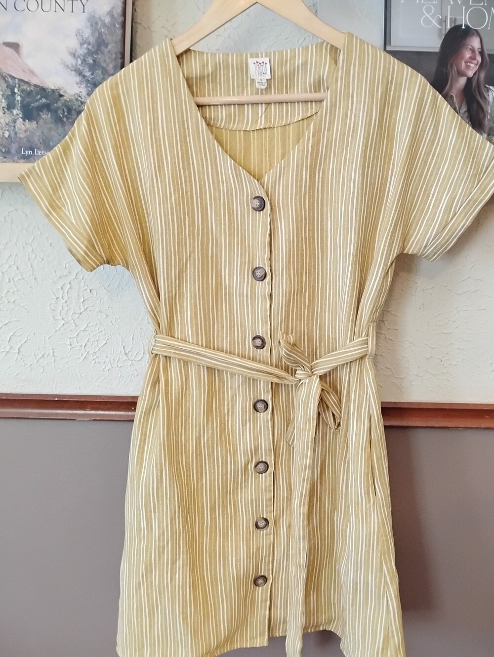 Striped Yellow Button-Front Mini Dress with Tie Waist